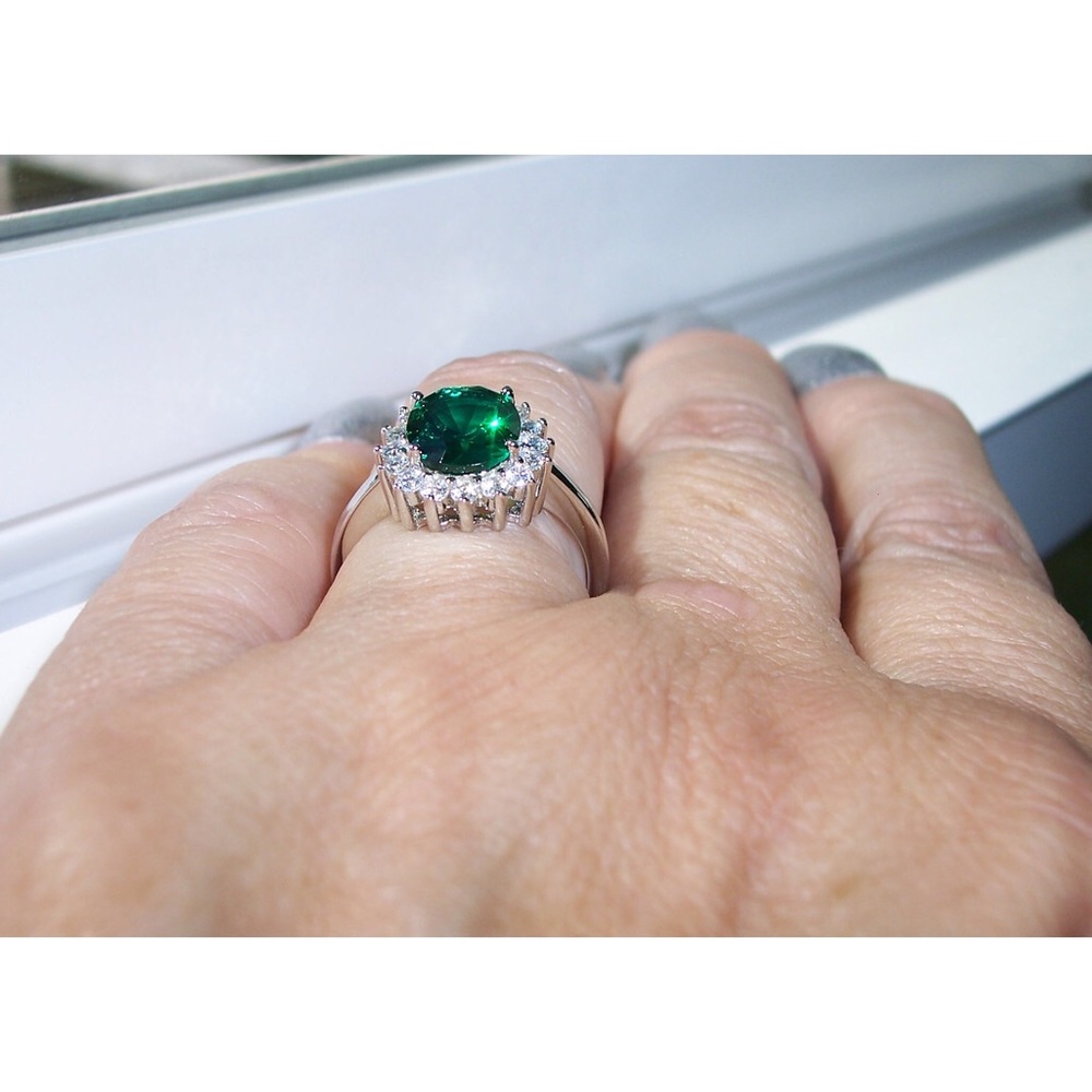 925 STERLING SILVER Simulated Emerald Cubic Zirconia Halo Ring - Picture 5 of 16